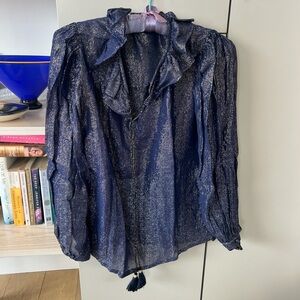 Saint Laurent Rive Gauche 70’s Blue Sparkly Silk Vintage Blouse Size 34